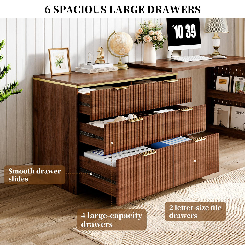 Computer Desk with 6 Drawers, 78" Modern Writing Desk with 0.98" Thickened Desktop & Storage Shelves, Adjustable