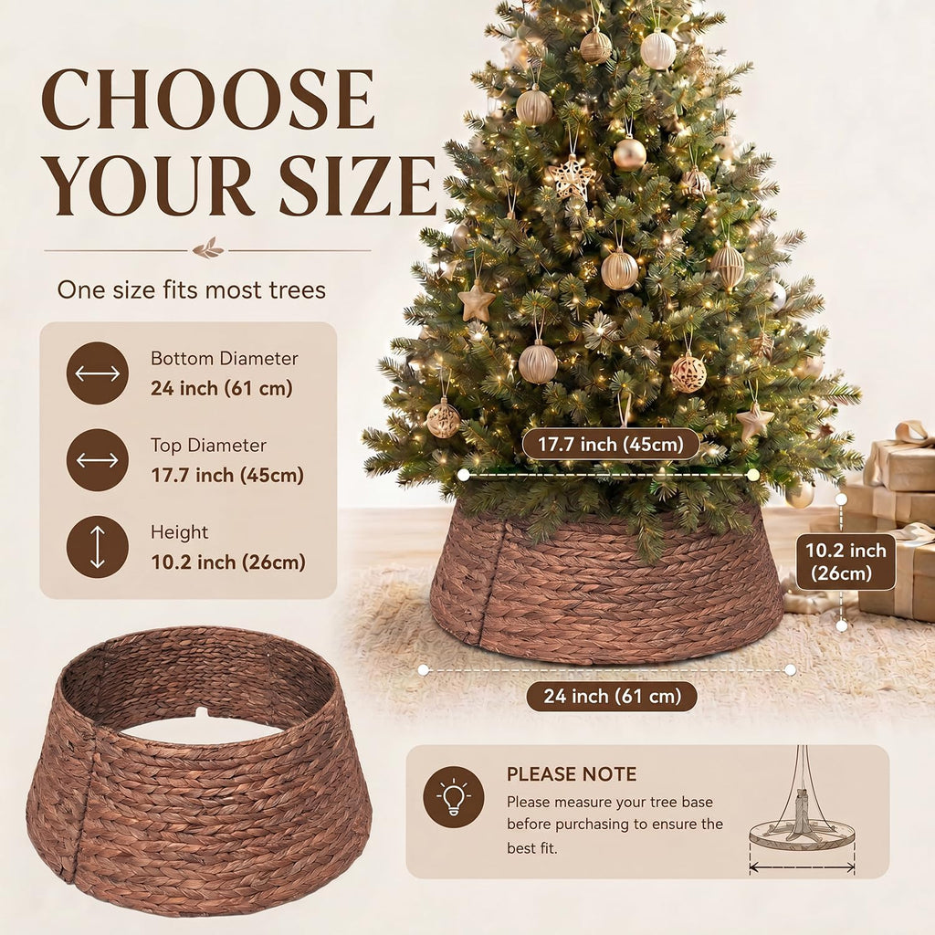 24 Inch Tree Collar Brown, Handwoven Water Hyacinth Christmas Tree Collar for Artificial Trees, Rustic Boho Basket