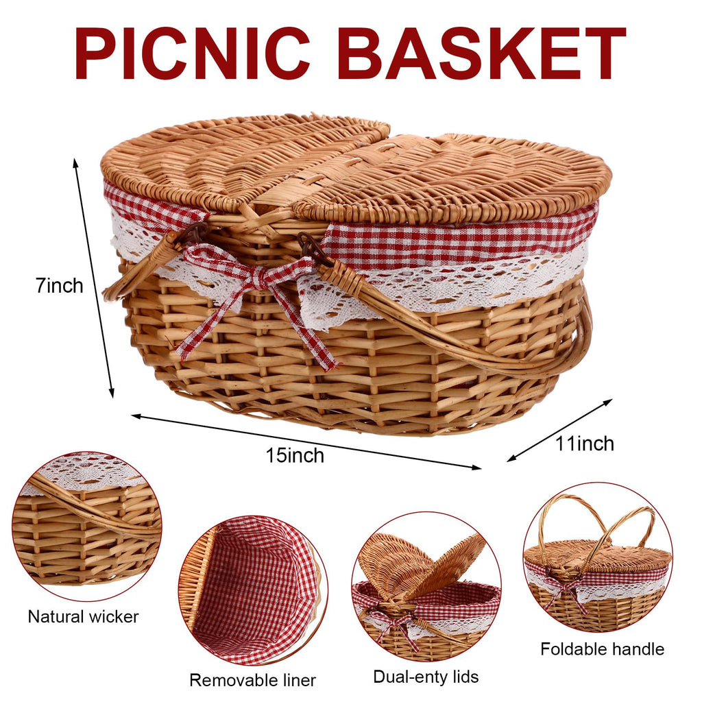 Picnic Basket with Blanket and Bamboo Plate Picnic Supplies, Red