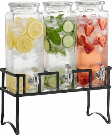 Triple Chalkboard Beverage Dispensers with Metal Stand & Spigot, Glassware for Water, Iced Tea, Punch, Cold Drinks