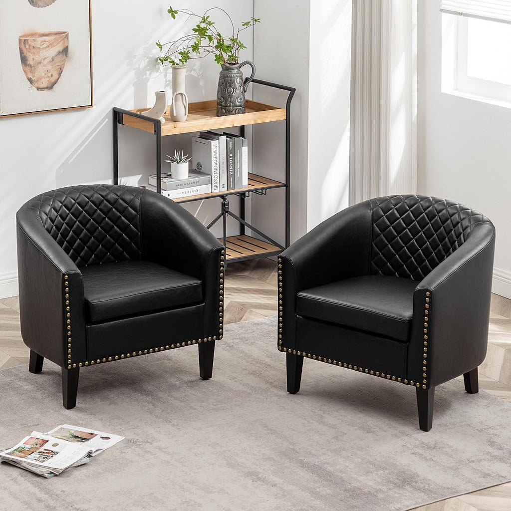 29" W Faux Leather Tufted PU Barrel Club Chairs, Black - Set of 2
