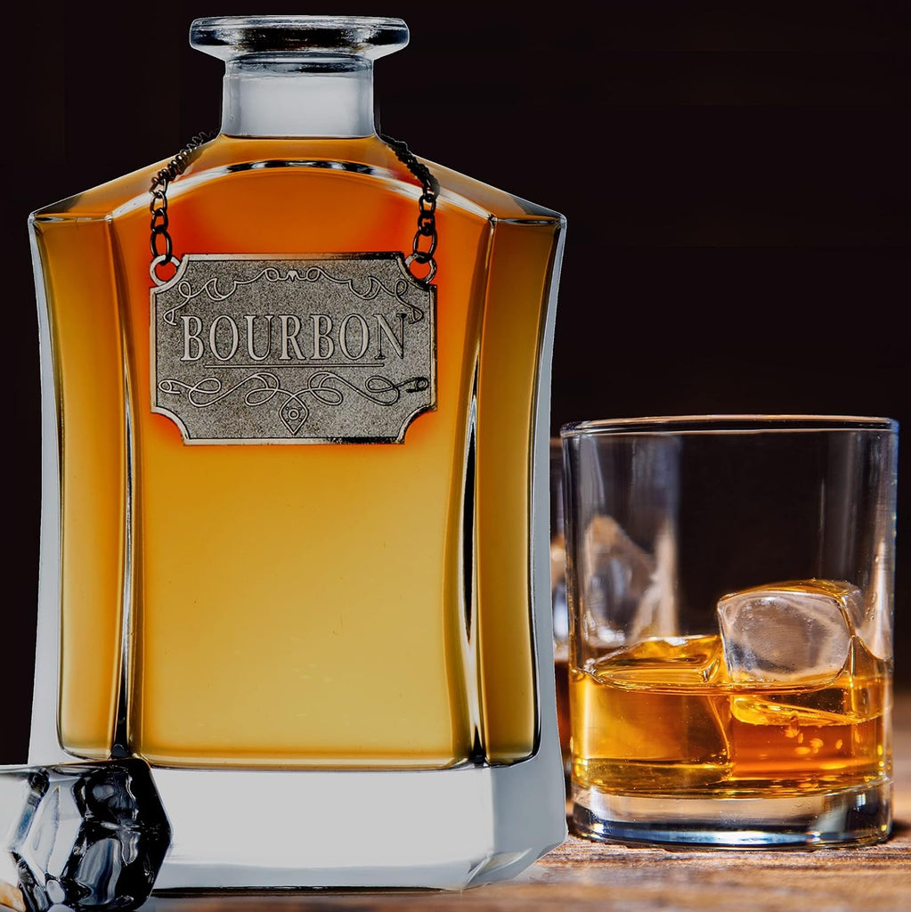 Whiskey Decanter With Label Tag - Bottle Metal Name Tags - Glass Airtight Stopper for Wine, Bourbon, Brandy, Juice