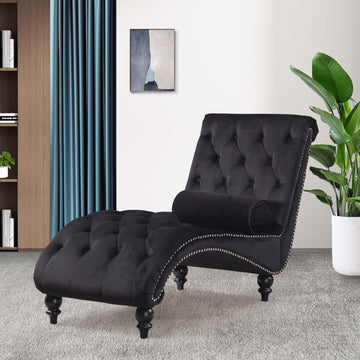 Chaise Lounge Indoor, Velvet Upholstered Lounge Chair Button-Tufted Armless Chair with Pillow, Living Room Office