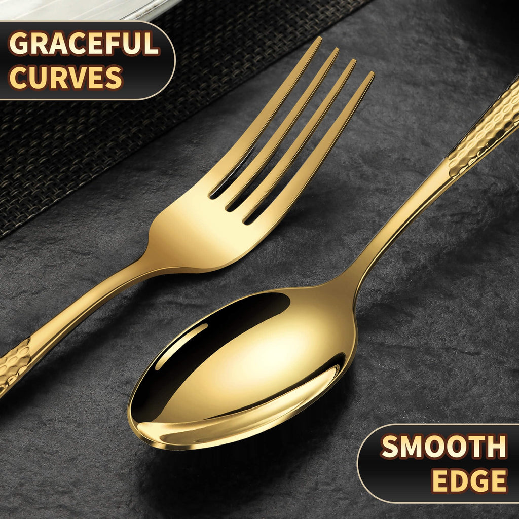 30-Piece Hammered Gold Silverware Set for 6 with Serrated Forging Knives,18/10 Stainless Steel Modern Flatware