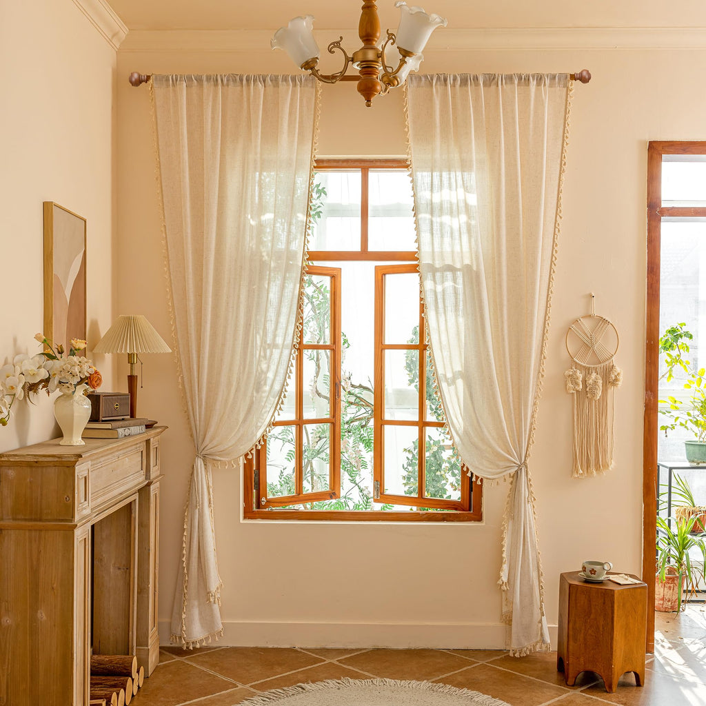 Linen Boho Curtains Bedroom, Semi Sheer Macrame Drapes 84 inches Length Farmhouse Style Back Tab Drapes for Sliding