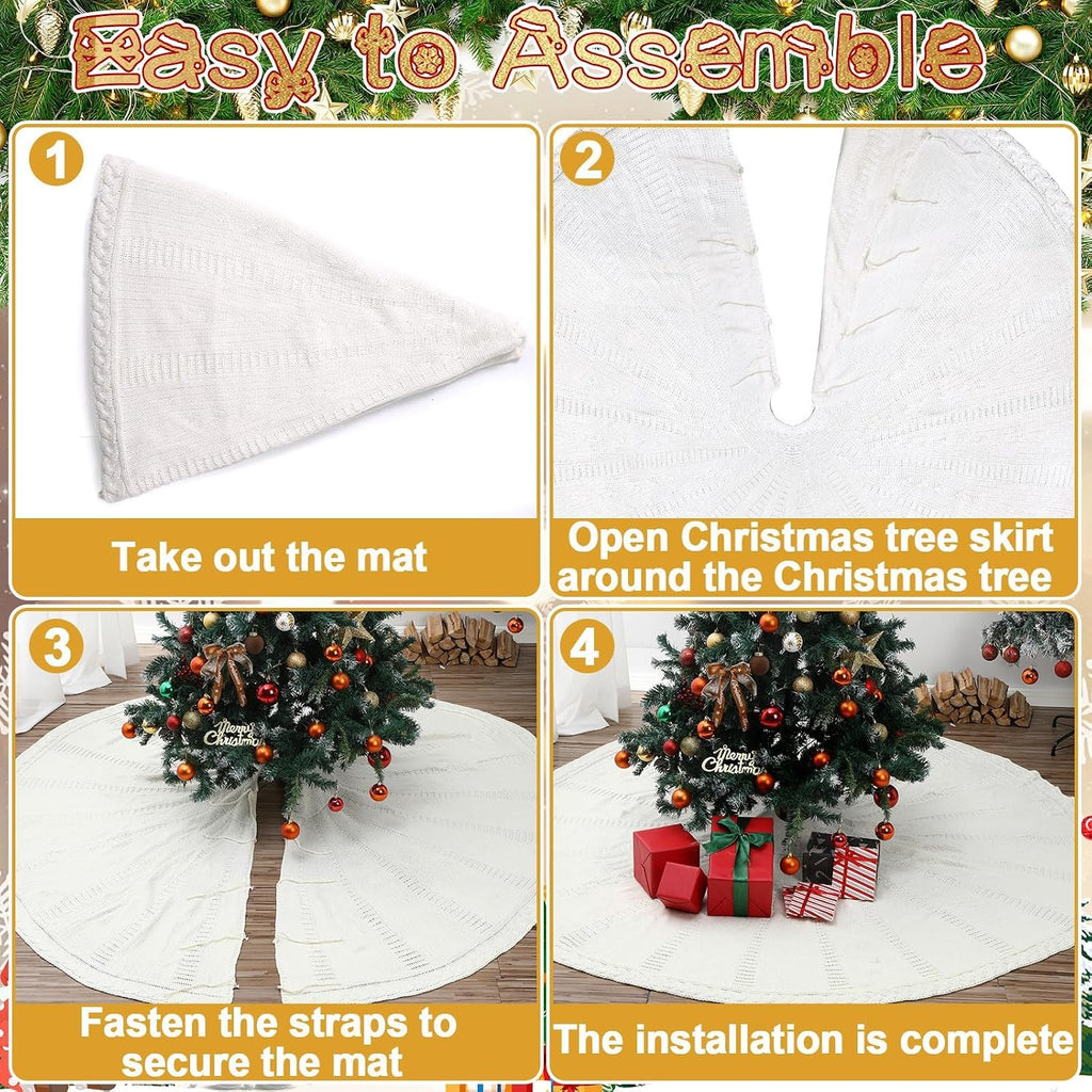 72 Inch Christmas Knitted Tree Skirt Giant White Chunky Xmas Tree Skirt Extra Large Braided Cable Knit Rustic