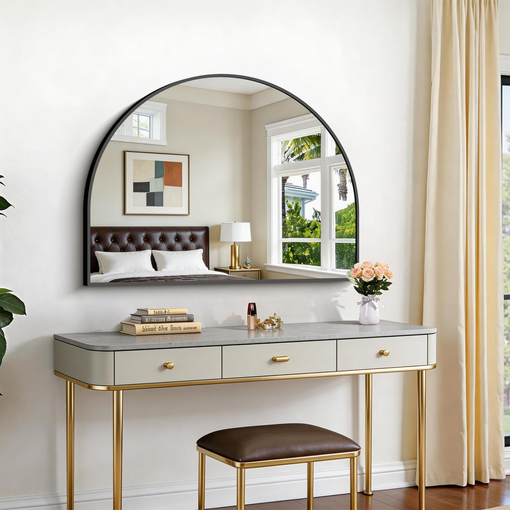 Arched Wall Mirror 40"x30", Black Arched Mirror &Mantel