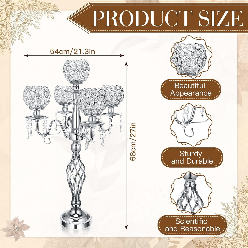 8 Pcs 5 Arm Crystal Candelabra Centerpieces for Table 27 Inch Retro Victorian Crystal Candle Holders Bowl Table