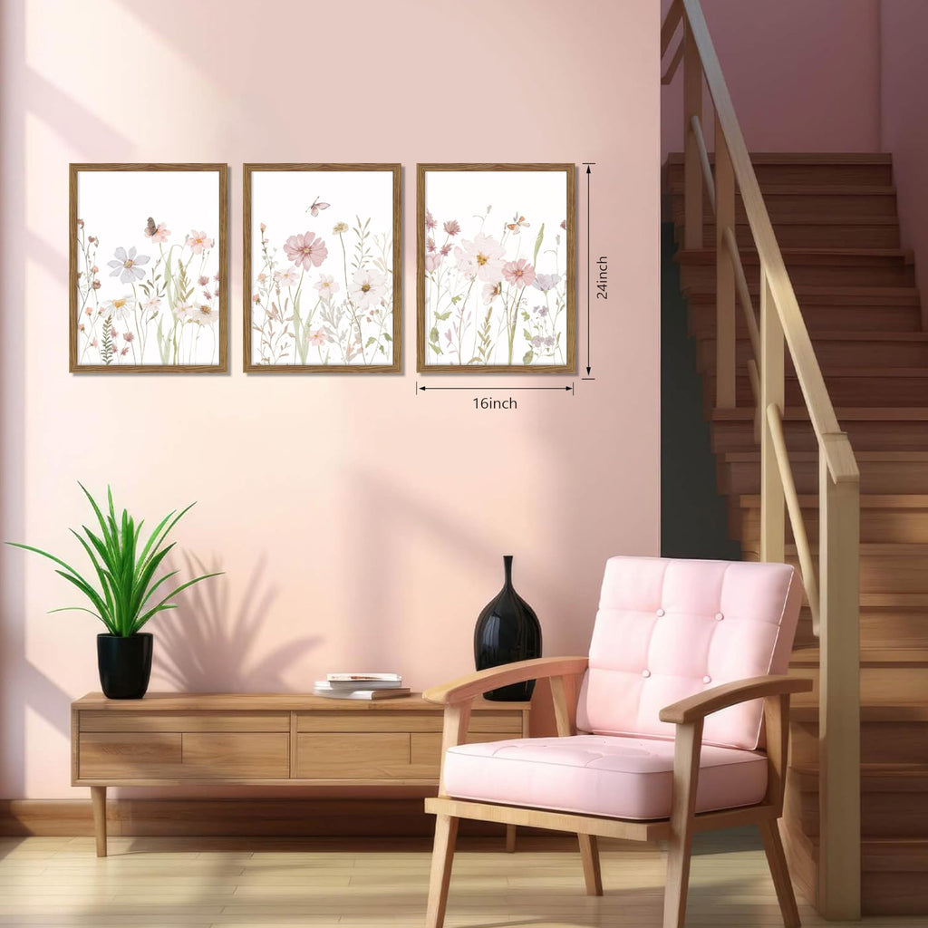 Framed Wildflower Wall Art Set of 3, Pink Floral Canvas Wall Decor Pictures, Vintage Flower Botanical Paintings