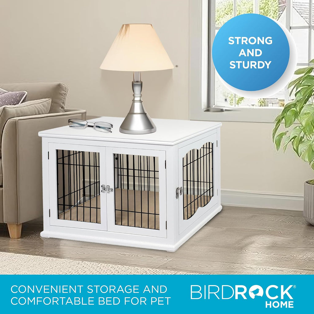 Decorative Dog Kennel with Pet Bed, Small Pet House, Double Door Indoor Crate, Engineered Wood & Wire Furniture, Side