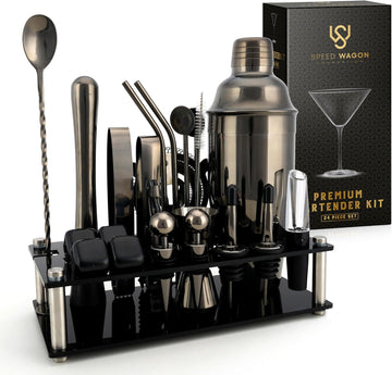 Mixology Bartender Kit - Gun Metal Cocktail Shaker Set w/Stand - Essential Home Bar Accessories Martini - Set of 24