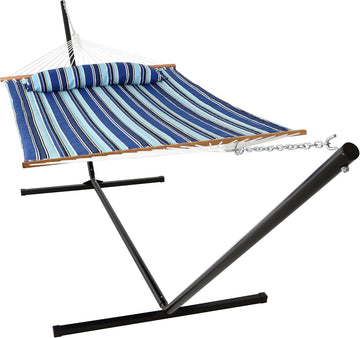 Double Outdoor Hammock with Stand, Catalina Beach | 400 lb Capacity Quilted 2 Person Hammock with Stand, Pillow