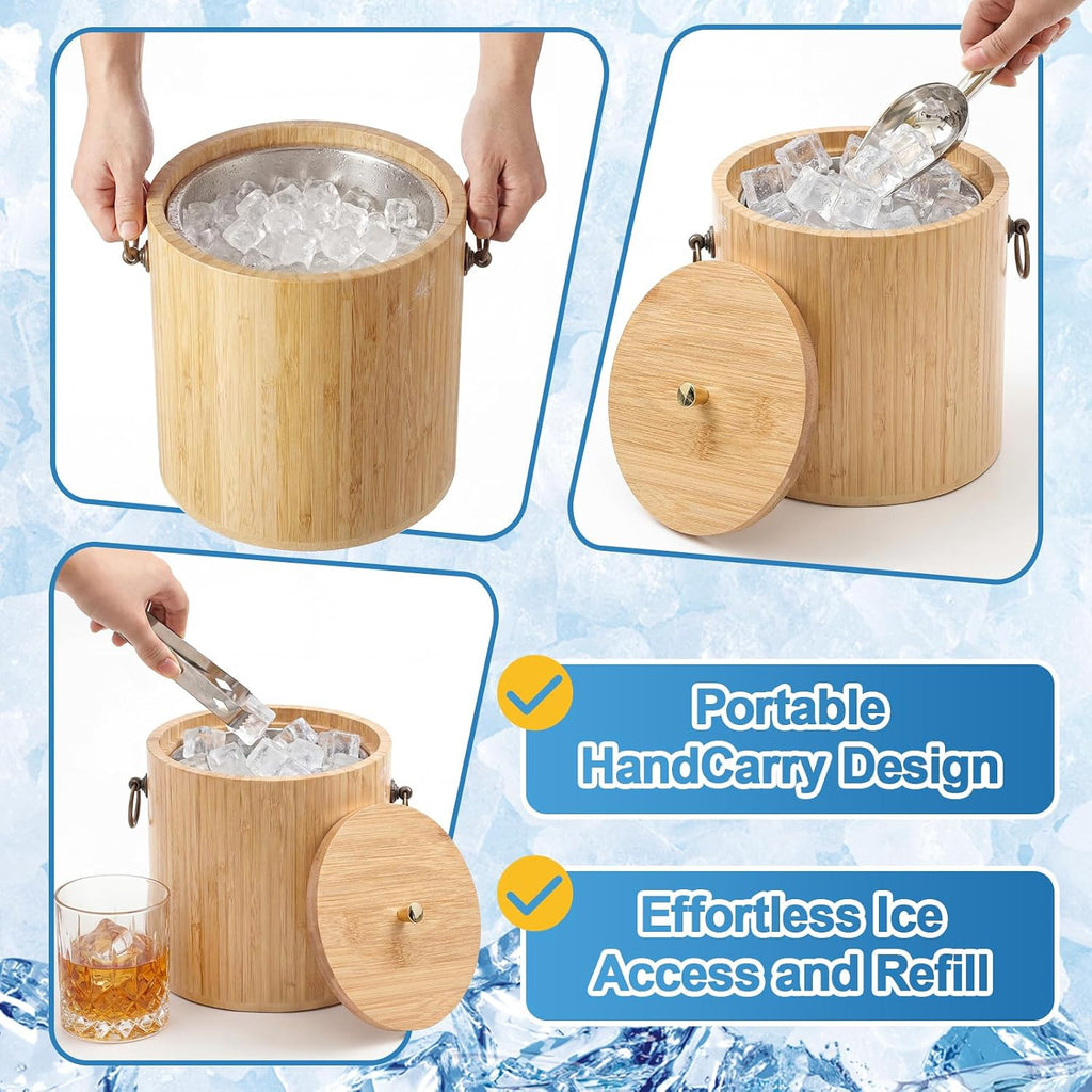 3L Bamboo Ice Bucket with Stainless Steel Interior, Insulated Ice Bucket with Lid & Handles, Includes Scoop & Tongs