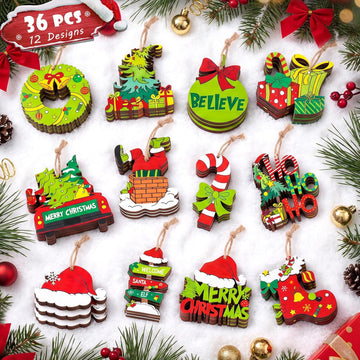 Christmas Ornaments for Tree, Hanging Wooden Christmas Decorations - Set of 36