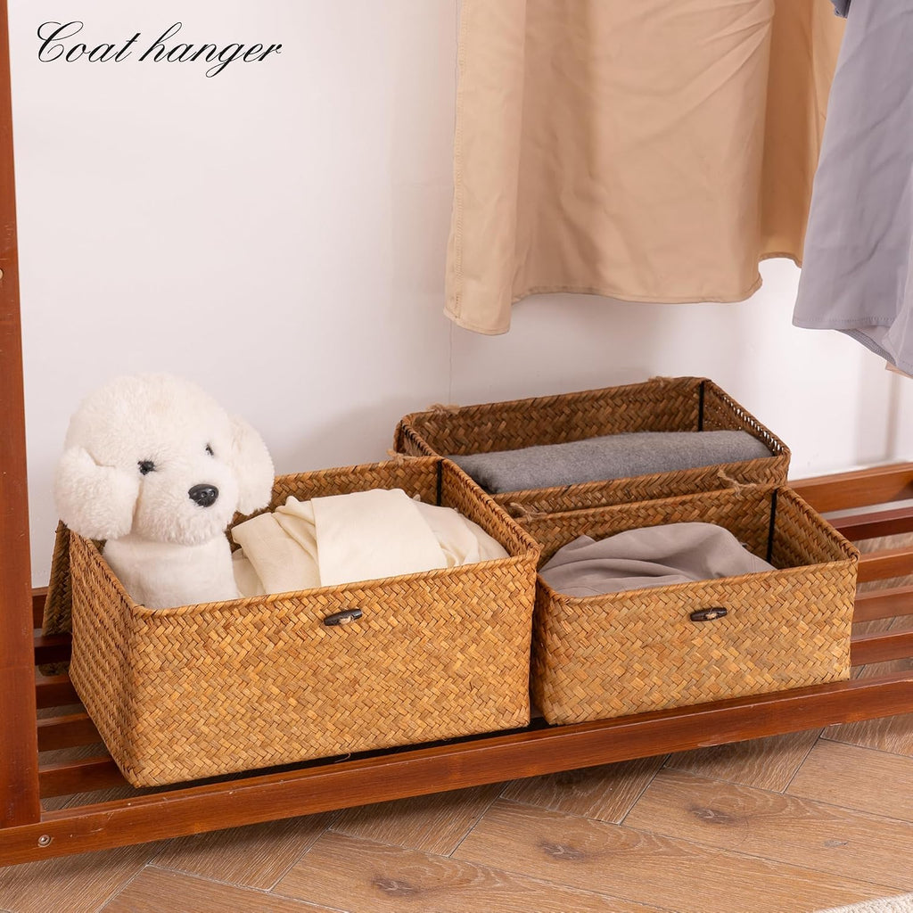 Storage Basket with Lid, Natural Seagrass Bin with Lid Set of 3, Shelf Baskets Multipurpose Container for Boho