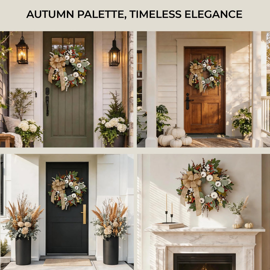 24 Inch Neutral Fall Wreath for Front Door with White Pumpkins & Bow