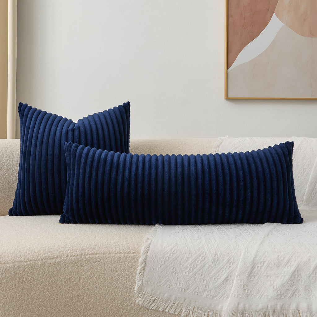 Soft Plush 14x36 Inch Long Lumbar Pillow Cover 1 Pack, Luxury Fluffy Faux Fur Striped Flannel Rectangle Body Cushion