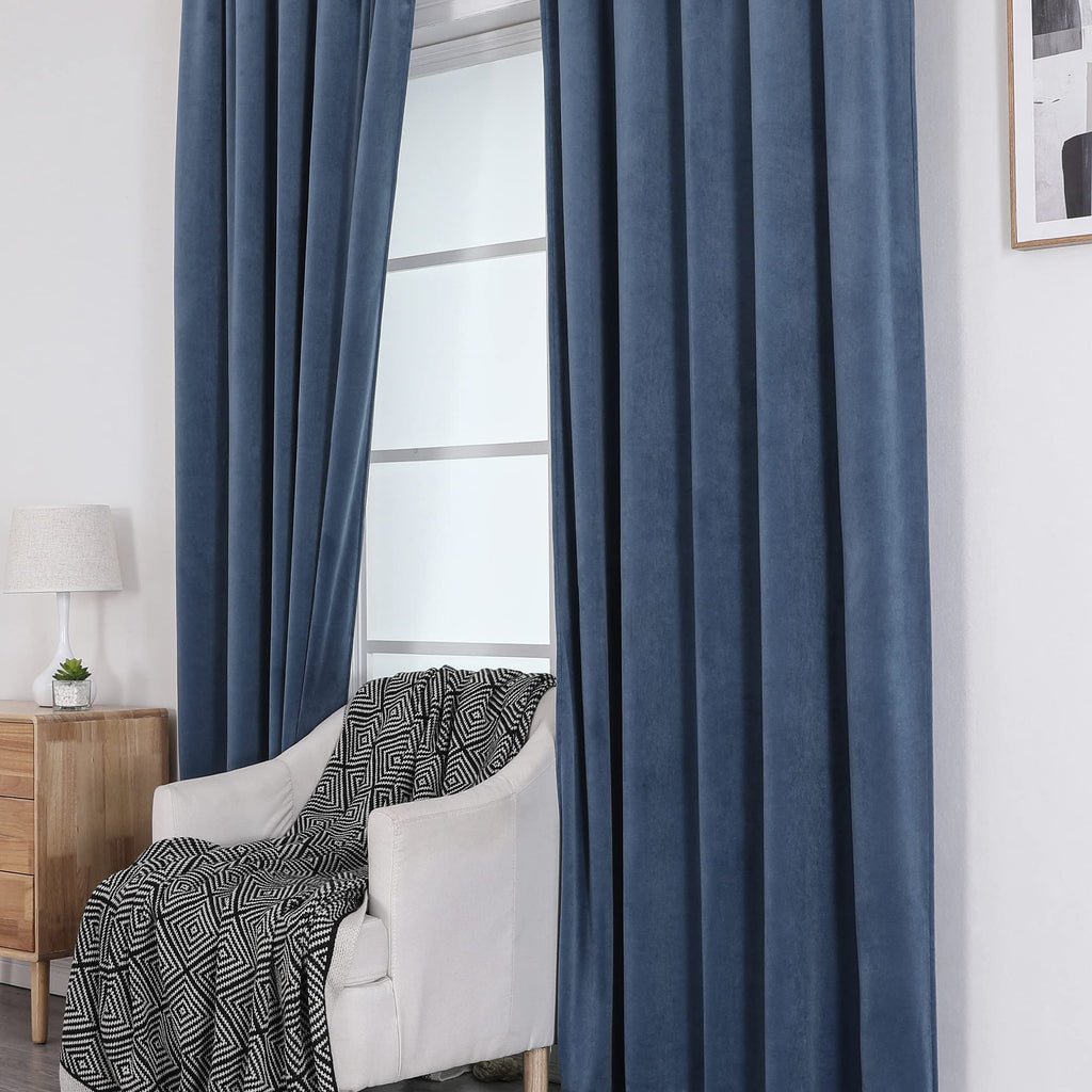 Ocean Blue Velvet Blackout Curtains 52x108, 2 Panels