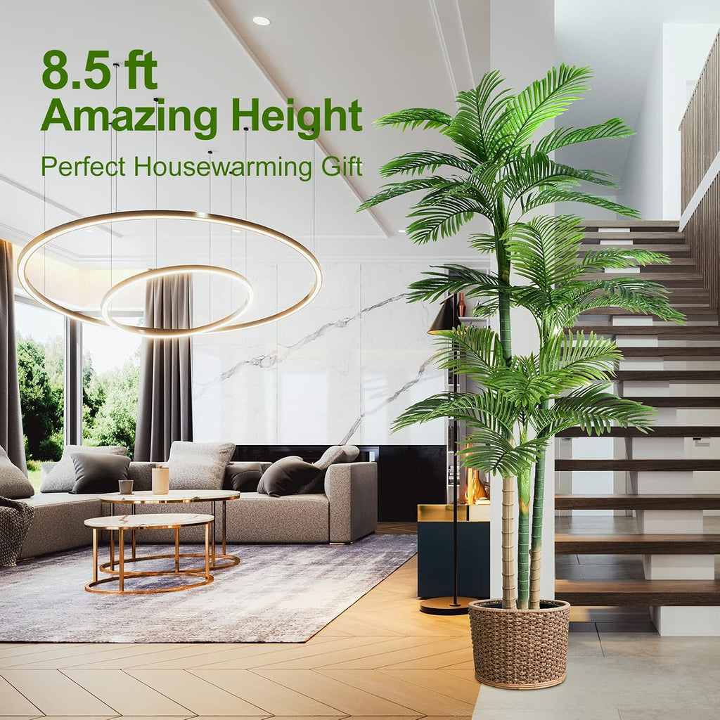 8.5ft Artificial Golden Cane Palm Tree - Large Triple Fake Palm Tree in Pot for Indoor/Outdoor, Patio, Pool, Big