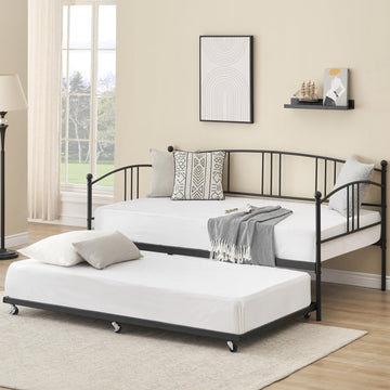 Twin Daybed with Trundle, Metal Twin Size Daybed with Pullout Trundle 6 Casters, Steel Slat Support Sofa Bed, Guest