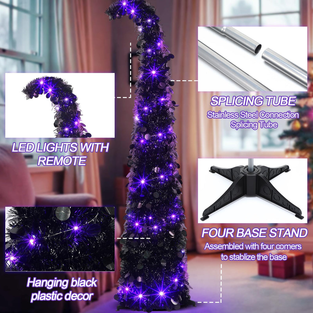 5 ft Curved Christmas Pop up Christmas Tree with Lights Tinsel