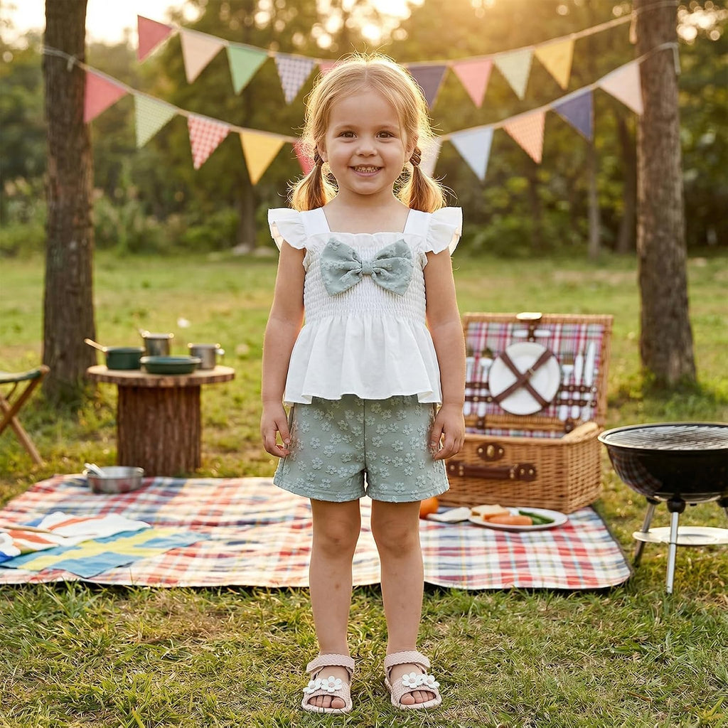 Toddler Girl Summer Outfit Baby Girl Smocked Ruffle Sleeveless Shirt Top and Shorts Set 2 Piece Outfits