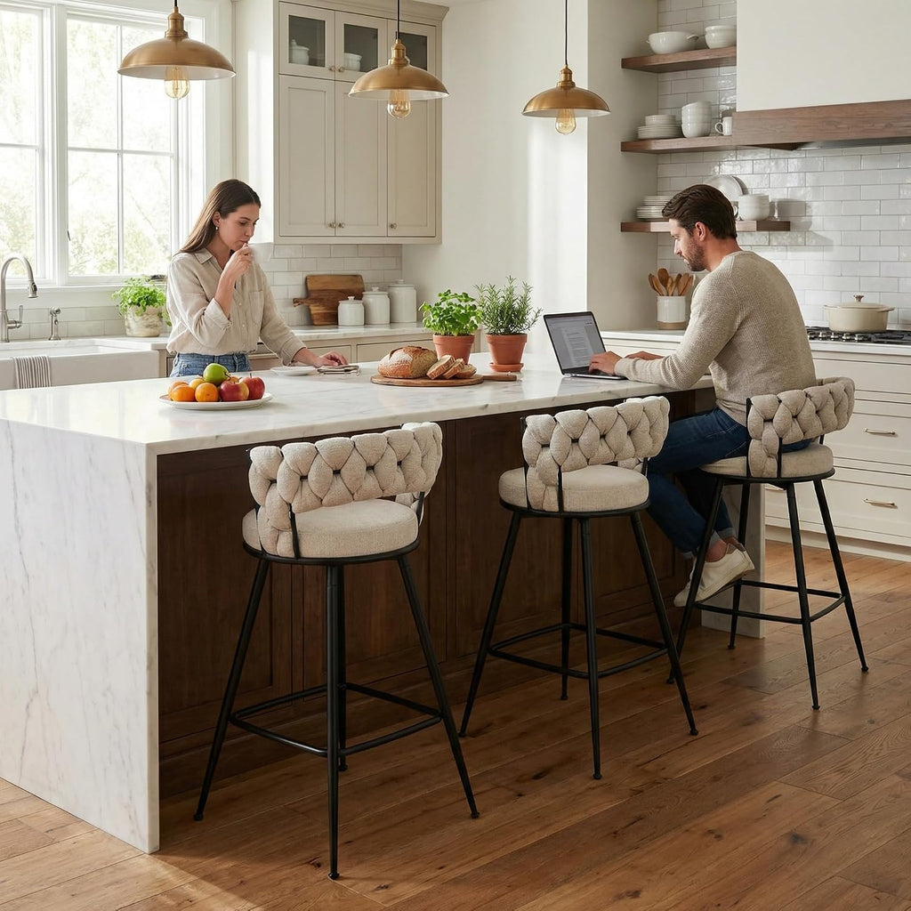 Bar Stools Set of 2, 28.7 inch Seat Height Bar Chairs, 360° Swivel Counter Height Barstools with Woven Back and Arm