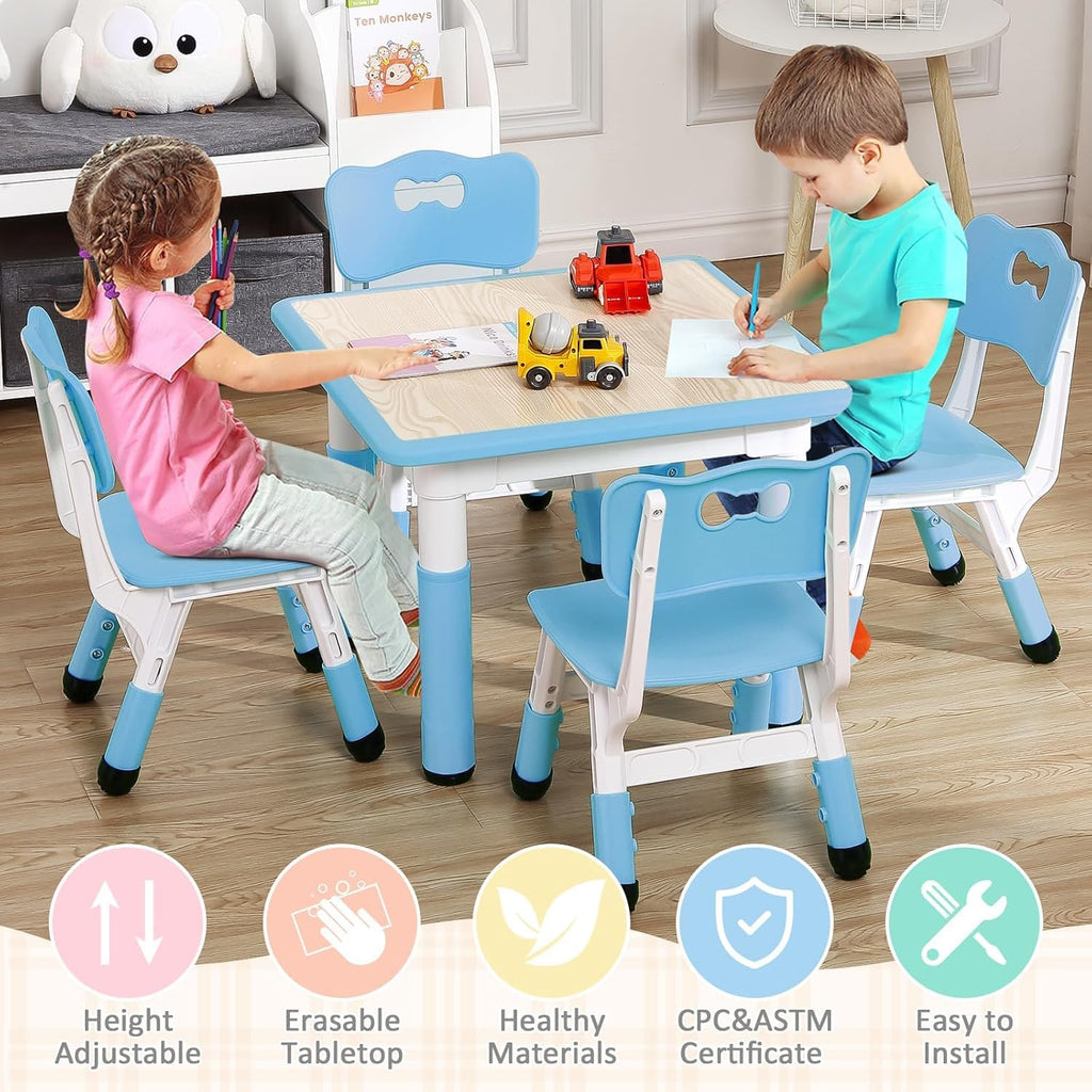Modern Kids Table and 4 Chair Set,23.26" Height Adjustable Toddler Tables and 4 Chairs with Non-Slip Desk