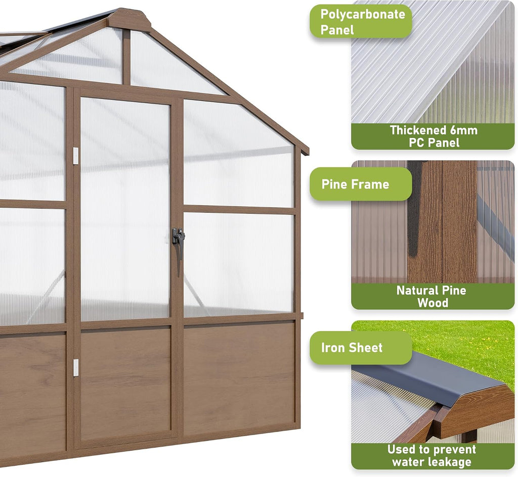 8x16 FT Wooden Walk in Polycarbonate Greenhouse for Outdoors | Heavy Duty Green Houses with Locked Door, Roof Vent