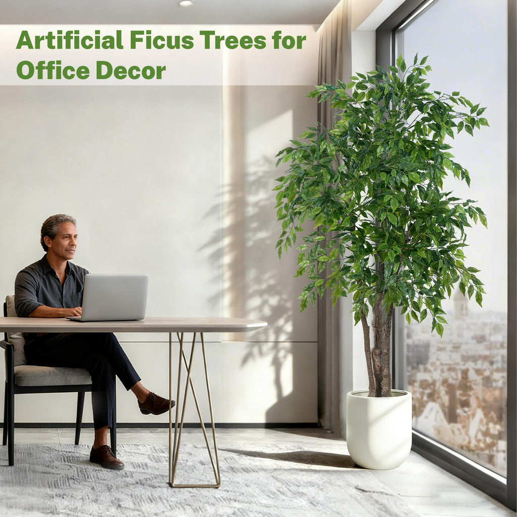 Ficus Tree Artificial with Triple Trunks, 5.5ft Fake Ficus Tree in Black Pot, Tall Artificial Tree Potted Plant for
