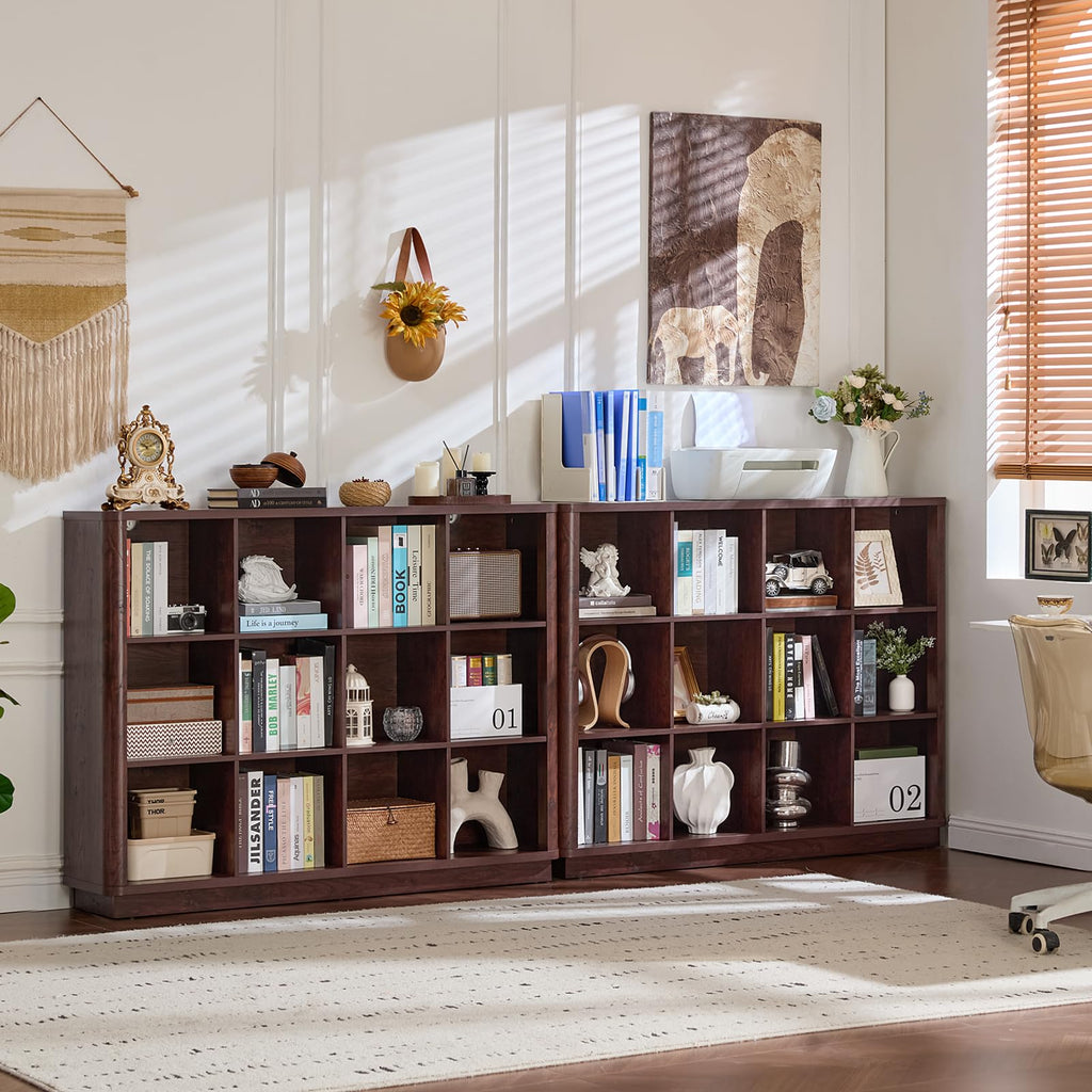 12 Cube Storage Organizer, 41" Large Bookshelf with Curved Edge, Wood Floor Standing 3-Tier Cubby Bookcase w/Base