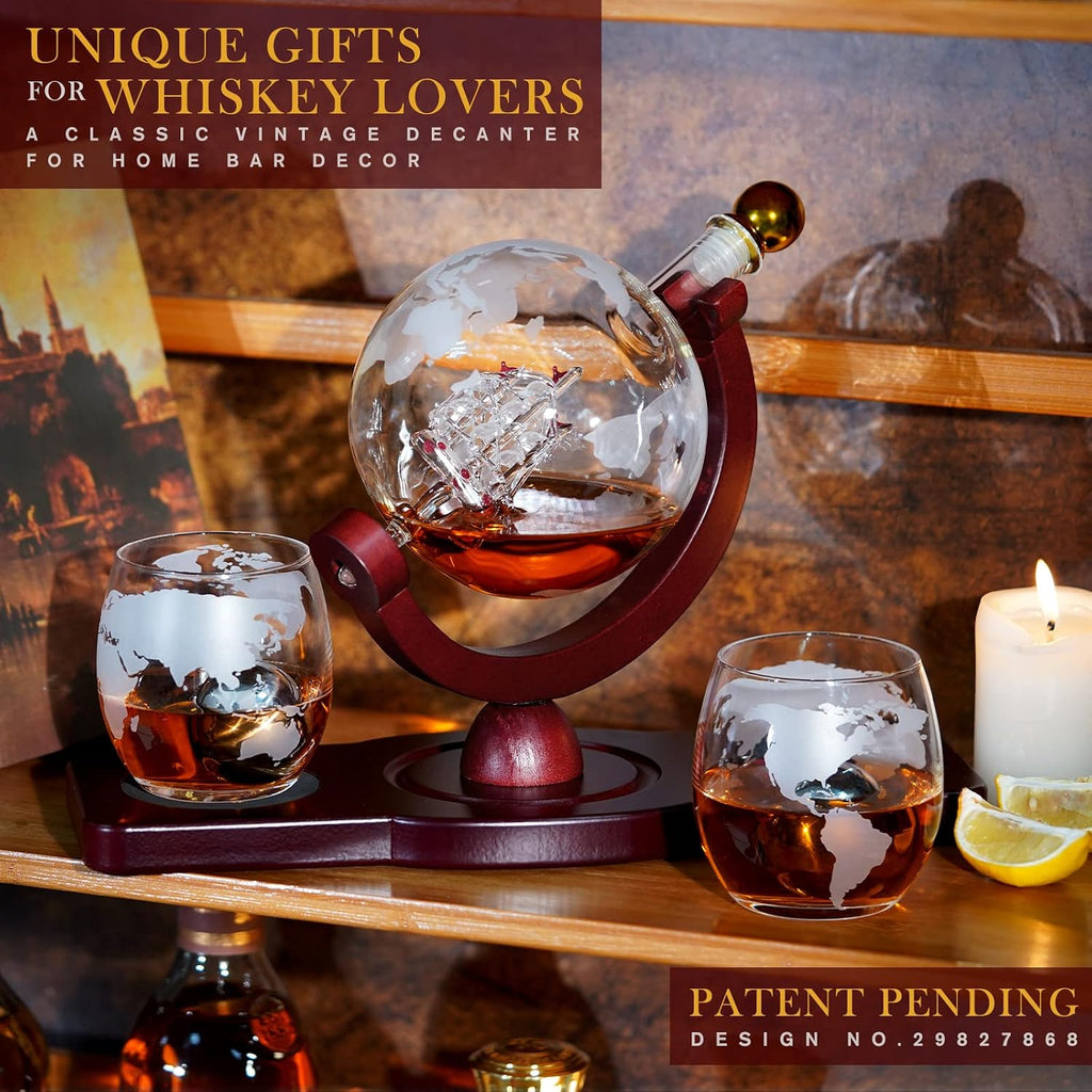 Gifts for Men Dad Fathers Day, Whiskey Decanter Globe Set with 2 Ball Stones & 2 Glasses, Anniversary Birthday Gifts