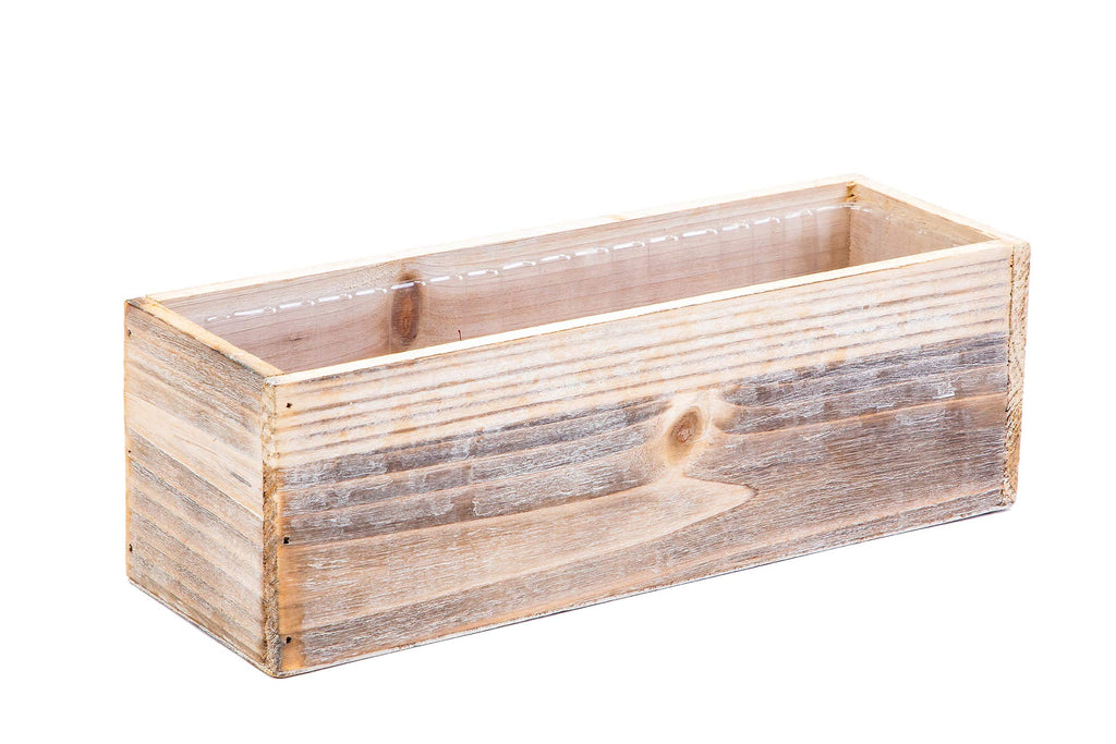Wood Planter Box Set, Rustic Whitewash, Plastic Liner, 12x4 Inch Rectangular Flower Holder, Natural Wood Decor