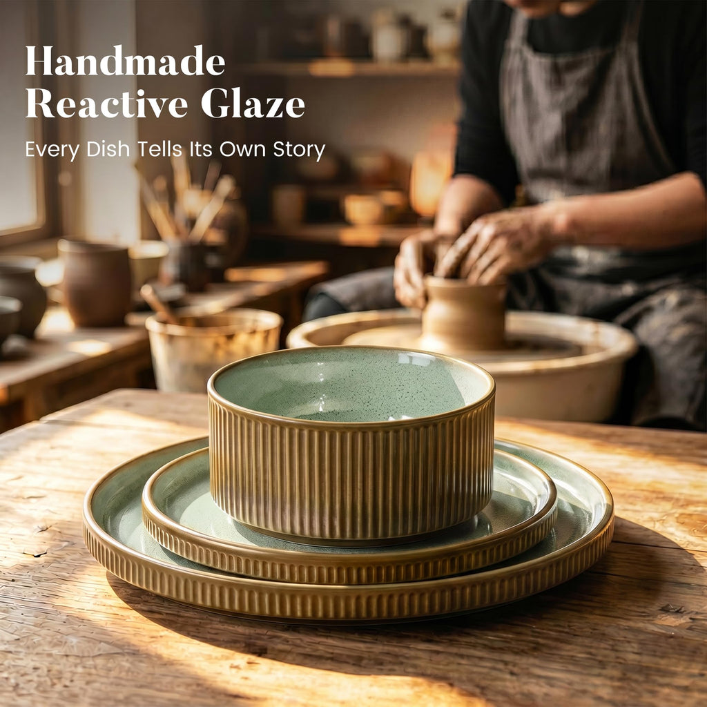 Fluted Ceramic Dinnerware Sets for 8, 32Pcs Non Toxic Stoneware Plates and Bowls, Scratch Resistant Dish, Oven &