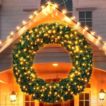 60 Inch Large Prelit Christmas Wreath with 300 Warm White String Lights 8 Lighting Modes Artificial Outdoor Indoor