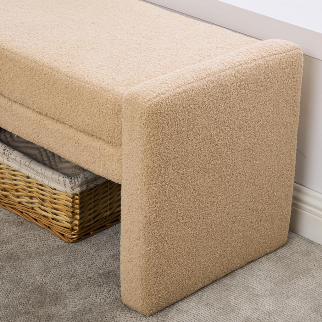 66.9" W Modern Boucle Shoe Bench King Size End of Bed Bench, Wheat. | Shoe Ottoman Upholstered King Size End of Bed