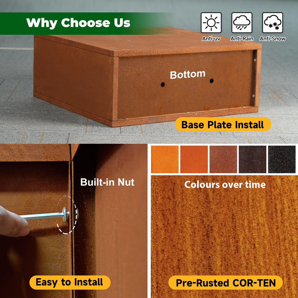 Corten Steel Planter 24" L x 10" W x 24" H Rusted Metal Rectangular Planter