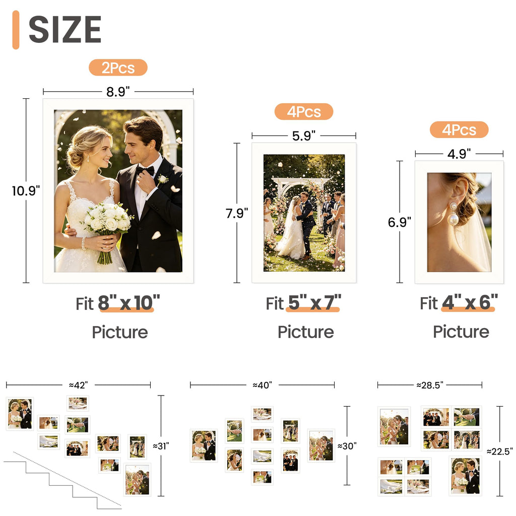 Picture Frames Set of 10, Including 8x10, 5x7, 4x6 White Frame