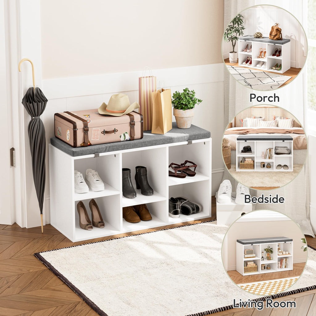 Shoe Bench, Storage Bench with Padded Seat, 6 Cubbies Storage Entryway Bench, White