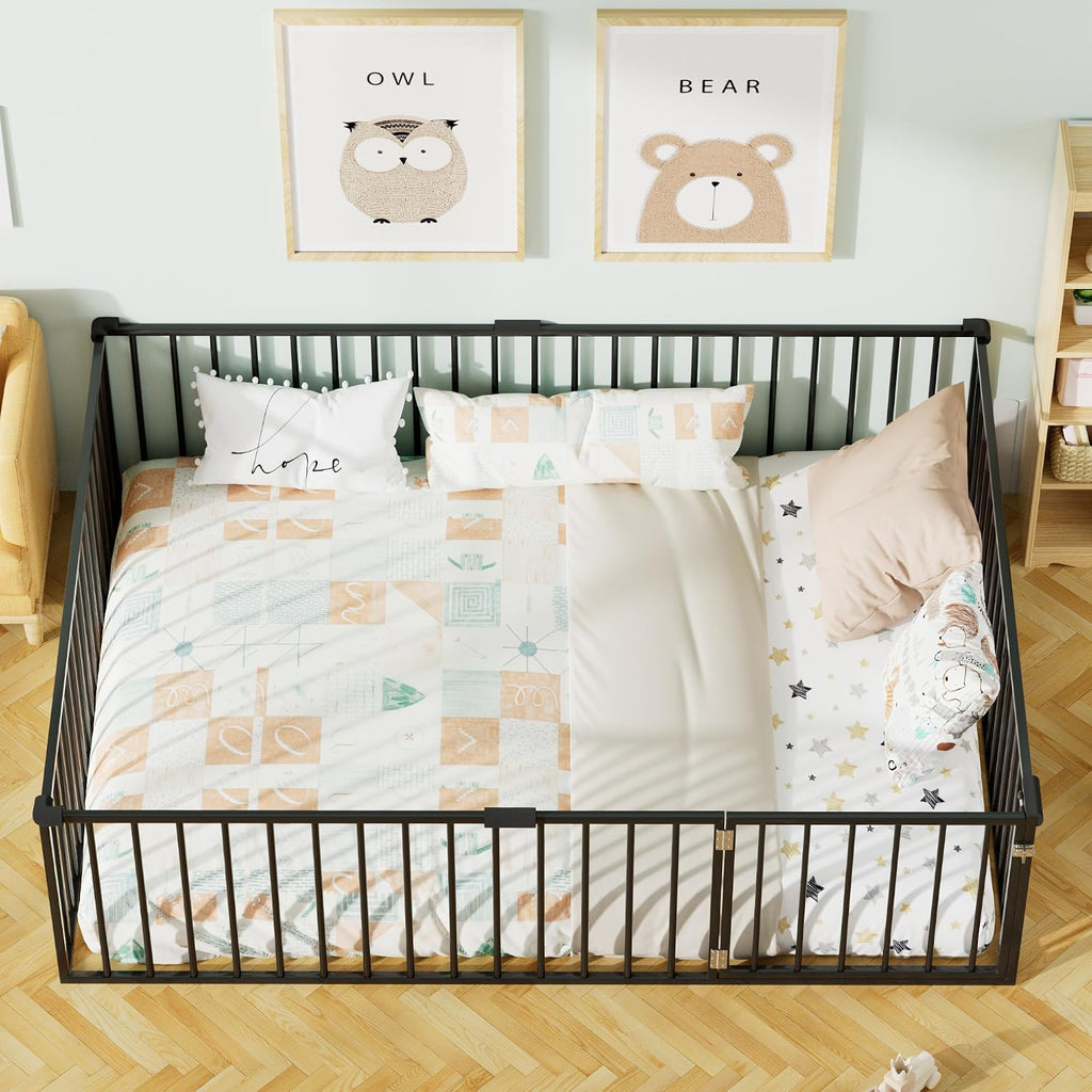 Metal Floor Bed Frame with Safety Guardrails & Door, Montessori Bed Frame, Metal Montessori Floor Bed for
