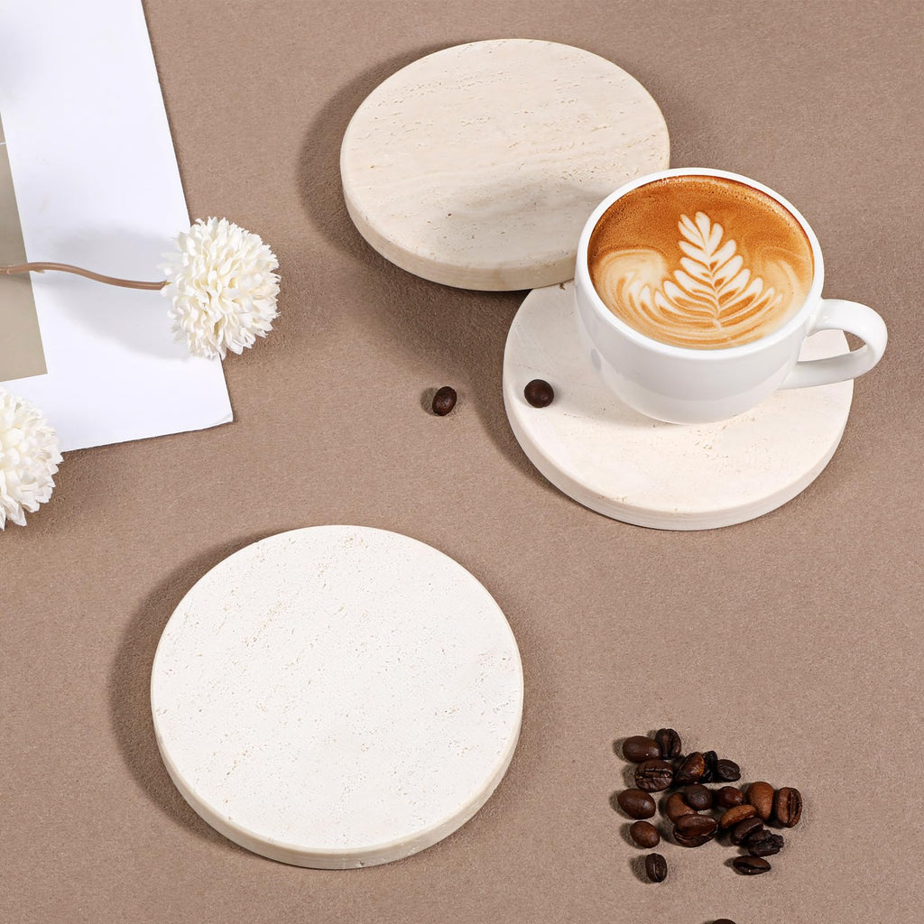 4 Pcs 4 inches Beige Travertine Coasters with Holder
