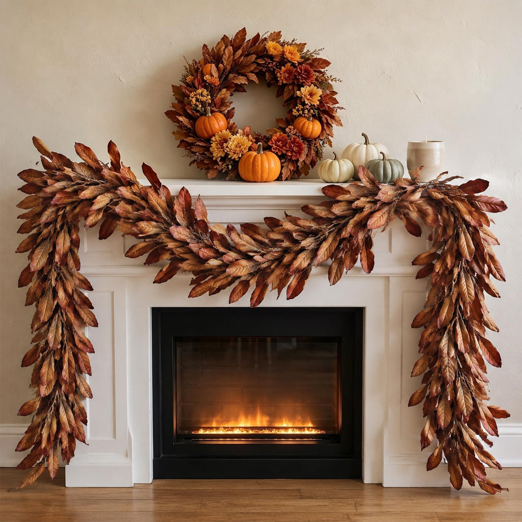6 FT Artificial Fall Magnolia Leaf Garland for Fireplace Decoration(Orange)