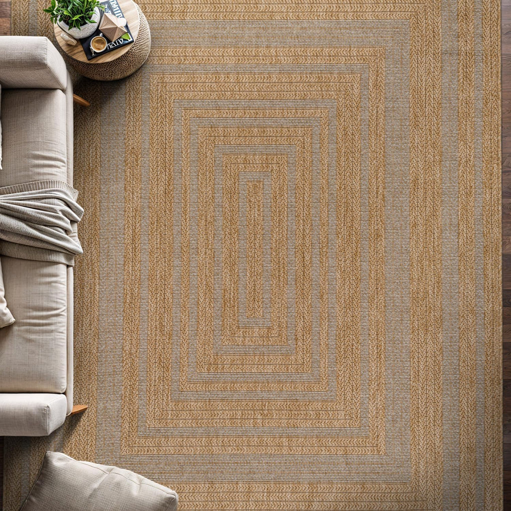 Easy Jute Framed Border Rug 8x10 Washable Durable Indoor Outdoor Area Rugs for Living Dining Room Patio Office Stain