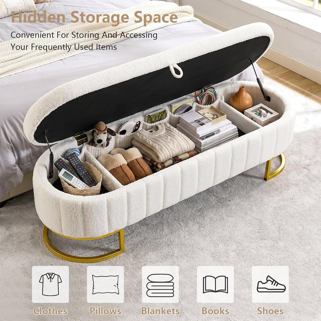 65" Curved Storage Ottoman Bench , Upholstered End of Bed Bench for King Size Bed, Oval Storage Bench with Gold Metal