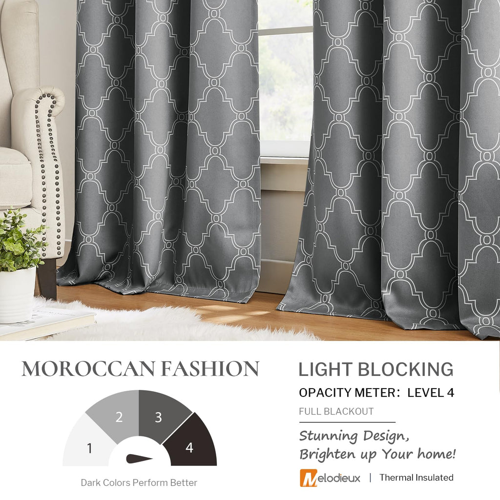 Moroccan Print Full Blackout Curtains 84 Inches Long Living Room, Thermal Insulated Noise Reducing Privacy Grommet