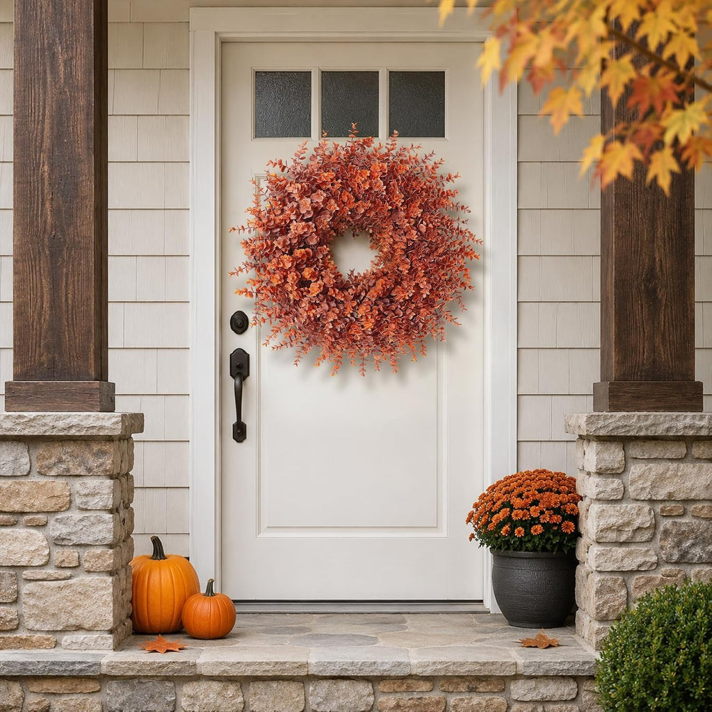 26" Artificial Fall Eucalyptus Wreath for Front Door Decoration (Orange)