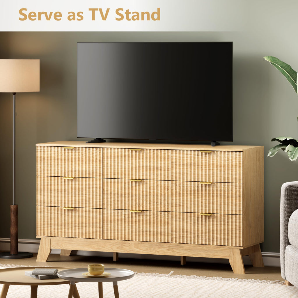 9 Drawer Fluted Dresser, Mid Century Modern Wooden Dresser with 9 Drawers, with Metal Handle, TV Stand & Storage