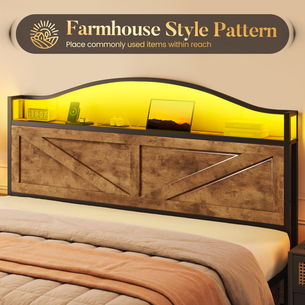 Bed with Farmhouse Storage Headboard, Bed with 2 Storage Drawers and Fast-Charging Station and Led Light