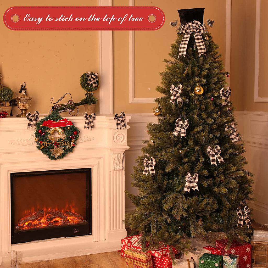 13 Pcs Christmas Tree Topper Hat Buffalo Plaid Bows, Chic Pattern