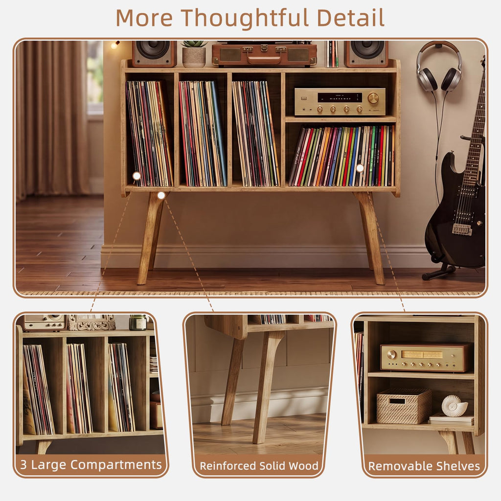 32" Large Record Player Stand with Charging Station, Rustic Brown